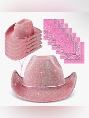 Pink Glitter Cowboy Hat Party Set - 4 Hats & 4 Bandanas